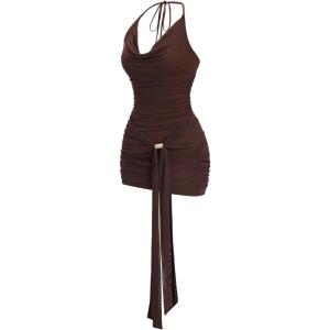 image:imageFloerns Womens Going Out Y2K Sexy Halter Dress Sleeveless Draped Ruched Side Tie Front Backless Party Mini DressesCoffee Brown