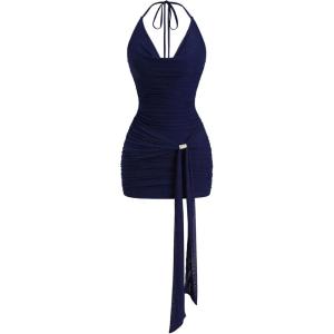 image:imageFloerns Womens Going Out Y2K Sexy Halter Dress Sleeveless Draped Ruched Side Tie Front Backless Party Mini DressesDark Blue