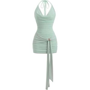 image:imageFloerns Womens Going Out Y2K Sexy Halter Dress Sleeveless Draped Ruched Side Tie Front Backless Party Mini DressesMint Green