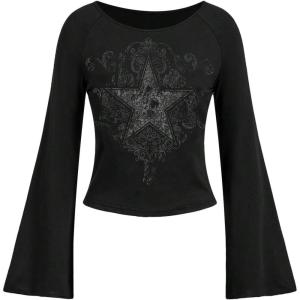 image:imageFloerns Womens Gothic Y2K Star Graphic Tees Bell Sleeve Boat Neck Grunge T Shirts Fall TopsBlack