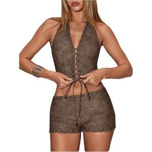 image:imageFloerns Womens Grommet Eyelet Low Waist Shorts Straight Leg Western Mini ShortsCoffee Brown