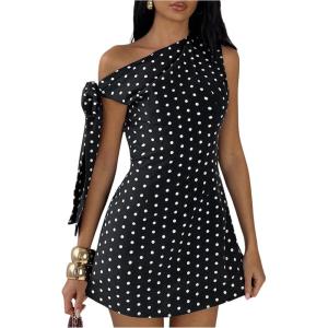 image:imageFloerns Womens Knot Side Polka Dots Mini Dress Off The Shoulder Party A Line Going Out DressesBlack