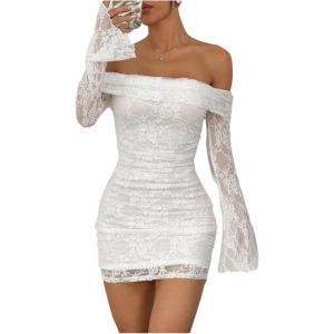 image:imageFloerns Womens Lace Off Shoulder Dress Ruched Bell Sleeve Bodycon Party Mini DressesWhite