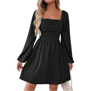 image:imageFloerns Womens Lantern Long Sleeve Mini Dress Square Neck Ruched A Line DressBlack