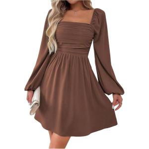 image:imageFloerns Womens Lantern Long Sleeve Mini Dress Square Neck Ruched A Line DressBrown