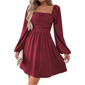 image:imageFloerns Womens Lantern Long Sleeve Mini Dress Square Neck Ruched A Line DressBurgundy