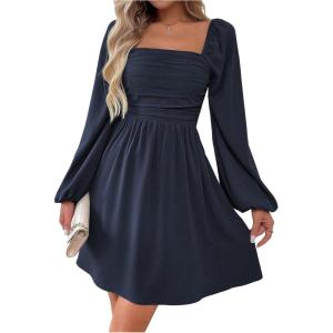 image:imageFloerns Womens Lantern Long Sleeve Mini Dress Square Neck Ruched A Line DressDark Blue