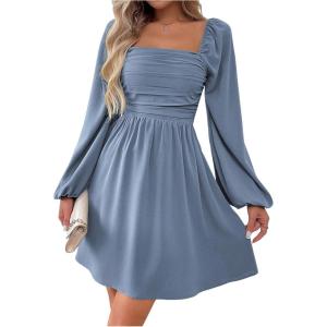 image:imageFloerns Womens Lantern Long Sleeve Mini Dress Square Neck Ruched A Line DressDusty Blue
