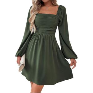 image:imageFloerns Womens Lantern Long Sleeve Mini Dress Square Neck Ruched A Line DressGreen