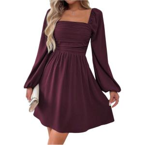 image:imageFloerns Womens Lantern Long Sleeve Mini Dress Square Neck Ruched A Line DressMaroon