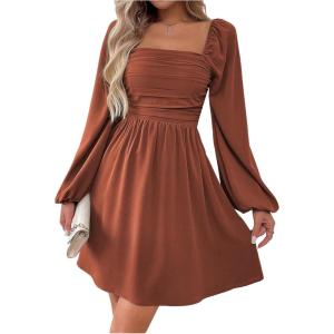 image:imageFloerns Womens Lantern Long Sleeve Mini Dress Square Neck Ruched A Line DressRust Brown