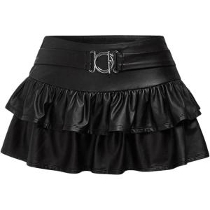 image:imageFloerns Womens Leather Y2k Mini Skirt Layered Ruffle Gothic Punk Low Rise Waist SkirtBlack