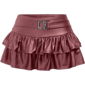 image:imageFloerns Womens Leather Y2k Mini Skirt Layered Ruffle Gothic Punk Low Rise Waist SkirtRed