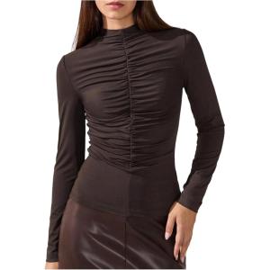 image:imageFloerns Womens Long Sleeve Mock Neck Tops Ruched Slim Fit Dressy Casual T ShirtsBrown