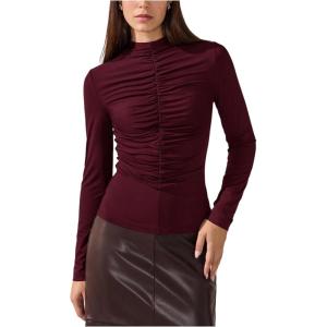 image:imageFloerns Womens Long Sleeve Mock Neck Tops Ruched Slim Fit Dressy Casual T ShirtsBurgundy