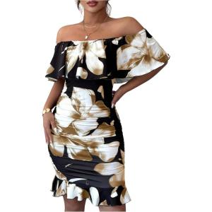 image:imageFloerns Womens Off Shoulder Ruffle Trim Short Sleeve Tropical Print Bodycon DressBlack and Brown