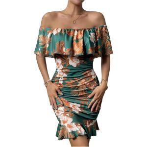 image:imageFloerns Womens Off Shoulder Ruffle Trim Short Sleeve Tropical Print Bodycon DressDark Green