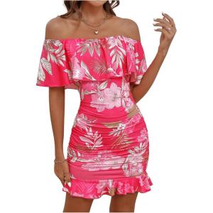 image:imageFloerns Womens Off Shoulder Ruffle Trim Short Sleeve Tropical Print Bodycon DressHot Pink
