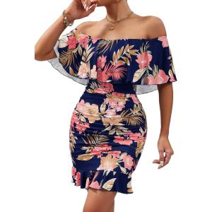 image:imageFloerns Womens Off Shoulder Ruffle Trim Short Sleeve Tropical Print Bodycon DressNavy Blue