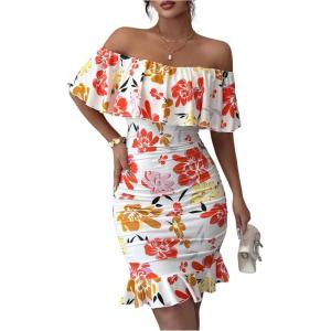 image:imageFloerns Womens Off Shoulder Ruffle Trim Short Sleeve Tropical Print Bodycon DressWhite
