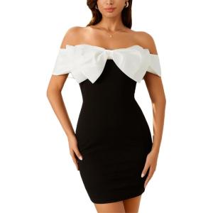 image:imageFloerns Womens Off Shoulder Short Sleeve Mini Dress Bow Front Bodycon DressesBlack and White