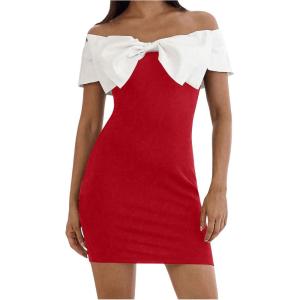 image:imageFloerns Womens Off Shoulder Short Sleeve Mini Dress Bow Front Bodycon DressesRed