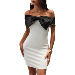 image:imageFloerns Womens Off Shoulder Short Sleeve Mini Dress Bow Front Bodycon DressesWhite