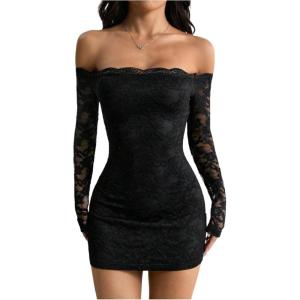 image:imageFloerns Womens Off The Shoulder Bodycon Dress Lace Long Sleeve Party Mini DressesBlack