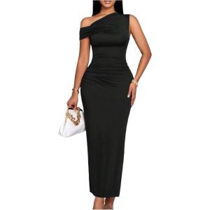 image:imageFloerns Womens Off The Shoulder Ruched Side Slit Bodycon Midi Dress Formal Party Cocktail DressBlack