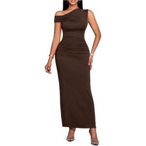 image:imageFloerns Womens Off The Shoulder Ruched Side Slit Bodycon Midi Dress Formal Party Cocktail DressBrown