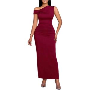 image:imageFloerns Womens Off The Shoulder Ruched Side Slit Bodycon Midi Dress Formal Party Cocktail DressBurgundy