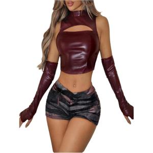 image:imageFloerns Womens PU Leather Cut Out Tank Top Mock Neck Sleeveless Night Out Crop TopsBurgundy