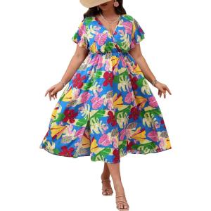 image:imageFloerns Womens Plus Size Boho Hawaiian Tropical Dresses V Neck Short Sleeve Floral A Line Long Dress Vacation Beach OutfitsBlue Foral Leaf