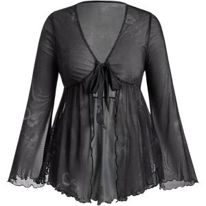 image:imageFloerns Womens Plus Size Boho Tops V Neck Bell Long Sleeve Tie Front Tee Shirts Concert OutfitsBlack