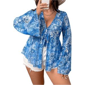 image:imageFloerns Womens Plus Size Boho Tops V Neck Bell Long Sleeve Tie Front Tee Shirts Concert OutfitsBlue