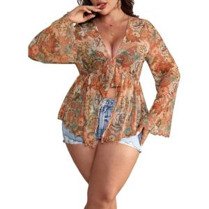 image:imageFloerns Womens Plus Size Boho Tops V Neck Bell Long Sleeve Tie Front Tee Shirts Concert OutfitsBrown Multi