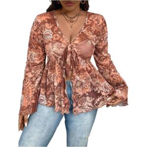 image:imageFloerns Womens Plus Size Boho Tops V Neck Bell Long Sleeve Tie Front Tee Shirts Concert OutfitsDark Brown