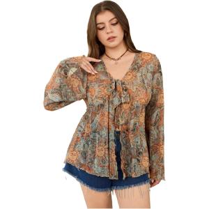 image:imageFloerns Womens Plus Size Boho Tops V Neck Bell Long Sleeve Tie Front Tee Shirts Concert OutfitsGreen Multi