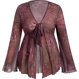 image:imageFloerns Womens Plus Size Boho Tops V Neck Bell Long Sleeve Tie Front Tee Shirts Concert OutfitsRedwood