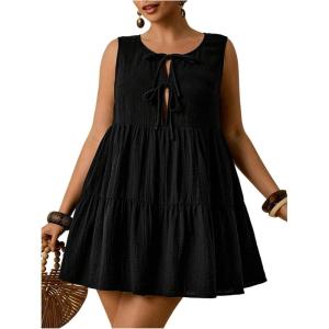 image:imageFloerns Womens Plus Size Bow Tie Babydoll Dress Sleeveless Tiered Ruffle A Line Mini DressesBlack