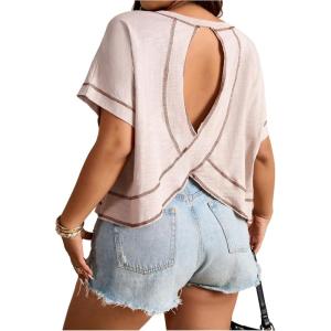 image:imageFloerns Womens Plus Size Cut Out Back Dolman Sleeve T Shirts Crew Neck Tee TopsBeige