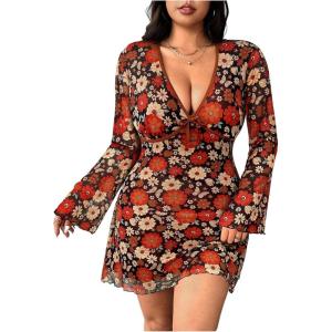 image:imageFloerns Womens Plus Size Floral Deep V Neck Boho Dress Bell Sleeve Fall Outfit A Line DressesBlack Ink