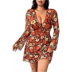 image:imageFloerns Womens Plus Size Floral Deep V Neck Boho Dress Bell Sleeve Fall Outfit A Line DressesBrown
