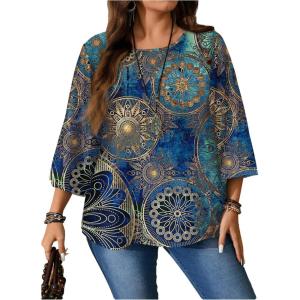 image:imageFloerns Womens Plus Size Graphic Print Blouse Top Crew Neck 34 Sleeve Tunic ShirtsBlue and Gold