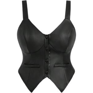 image:imageFloerns Womens Plus Size Sleeveless Leather Cami Top Button Front Club Night Out CamisoleBlack