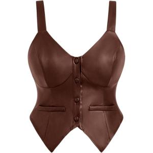 image:imageFloerns Womens Plus Size Sleeveless Leather Cami Top Button Front Club Night Out CamisoleBrown