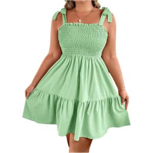 image:imageFloerns Womens Plus Size Summer Knot Tie Shoulder Ruffle Straps Flounce Flowy Smocked Sundress Shorts DressMint Green