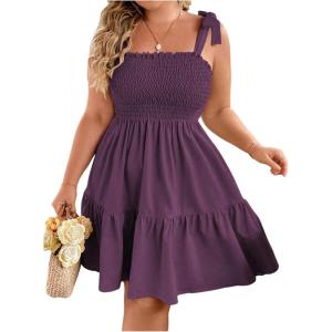 image:imageFloerns Womens Plus Size Summer Knot Tie Shoulder Ruffle Straps Flounce Flowy Smocked Sundress Shorts DressPurple