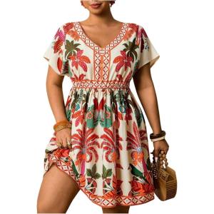 image:imageFloerns Womens Plus Size Summer Vacation Wrap V Neck Short Sleeve Ruffle Hem A Line Hawaiian Short DressBeige Orange Tropical
