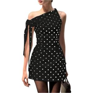 image:imageFloerns Womens Polka Dots Off The Shoulder Mini Dress Knot Side Retro Bodycon DressesBlack